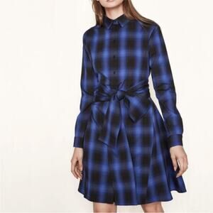 Maje Rulyl Blue & Black Plaid Checkered Long Sleeve Tie Front Button Shirt Dress